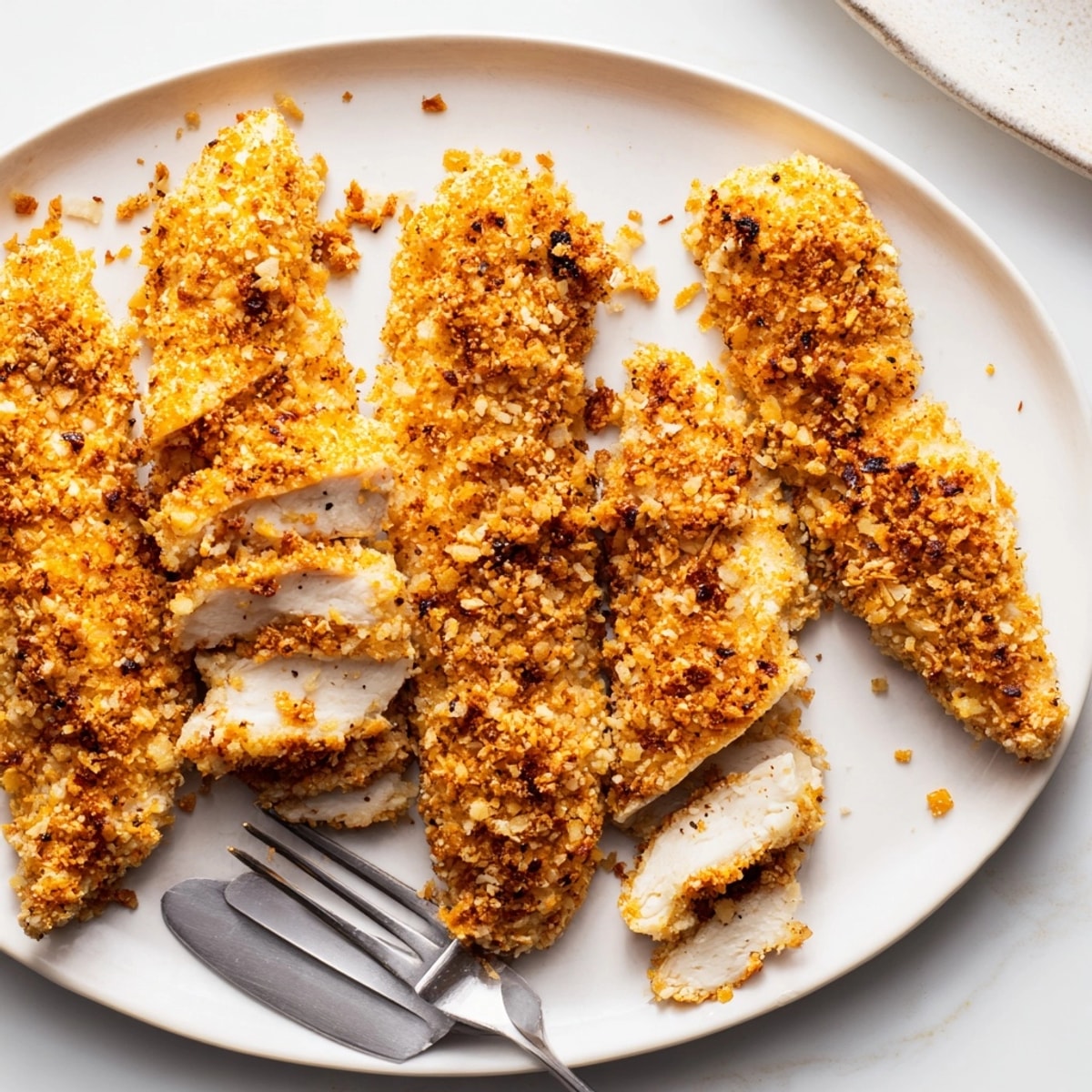 Juicy crispy baked chicken tenders on parchment, fresh from the oven with a crunchy breading.