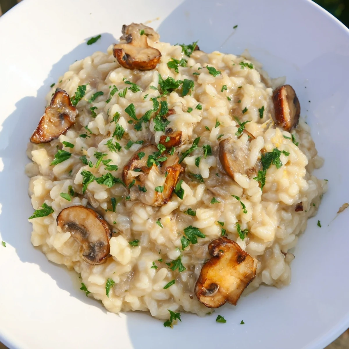 Steaming bowl of stove-top creamy risotto, a rich Italian rice dish with Parmesan and parsley.