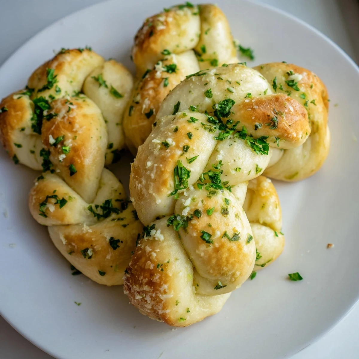 Golden, perfectly baked homemade garlic knots, brushed with melted garlic butter and herbs, ready to serve.