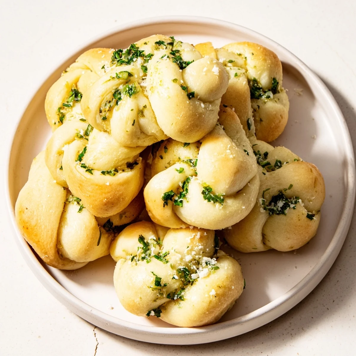 Tender, pull-apart homemade garlic knots, studded with flecks of parsley, offering a savory Italian bread experience.