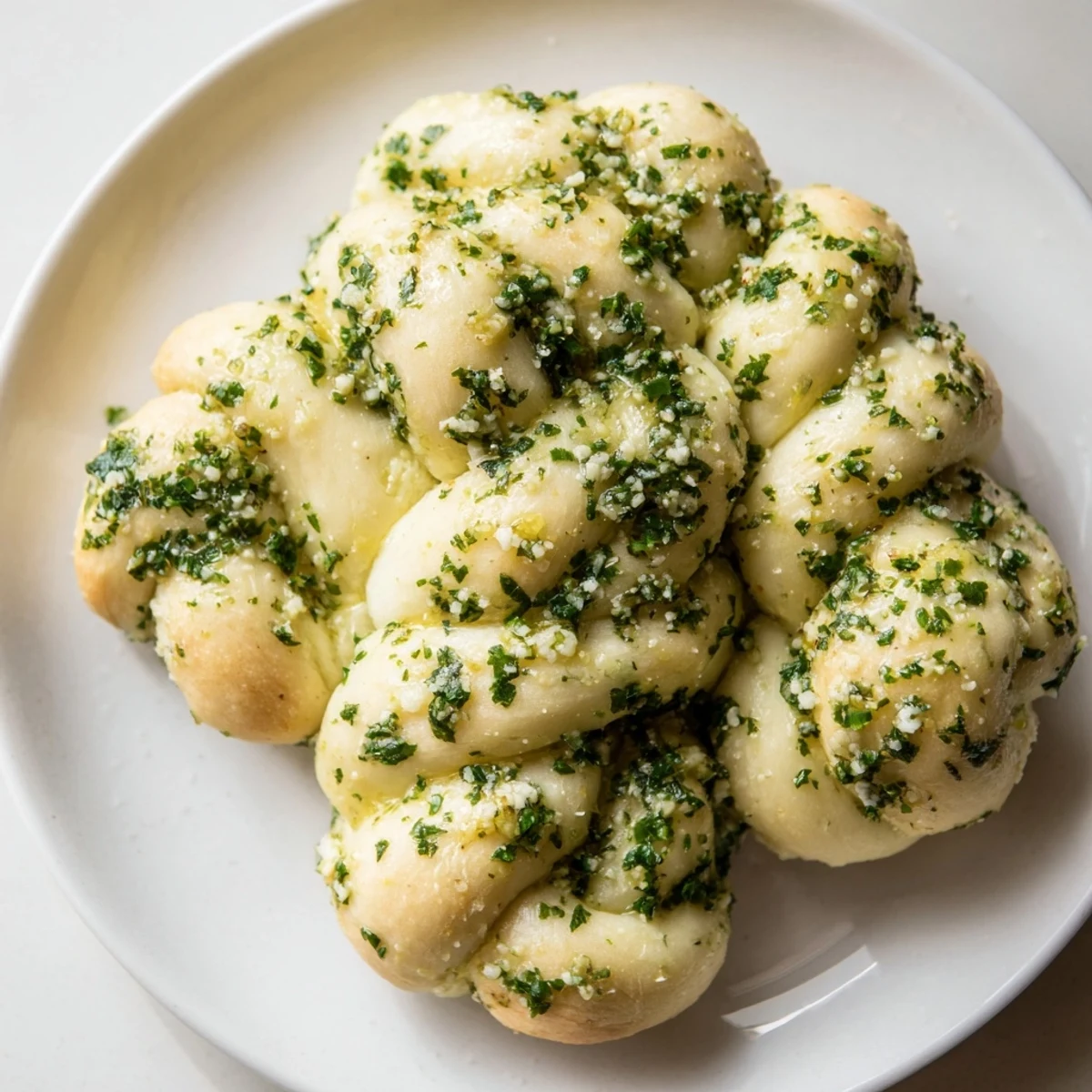 A close-up of warm, soft homemade garlic knots, inviting you to imagine the taste of fresh garlic and herbs.
