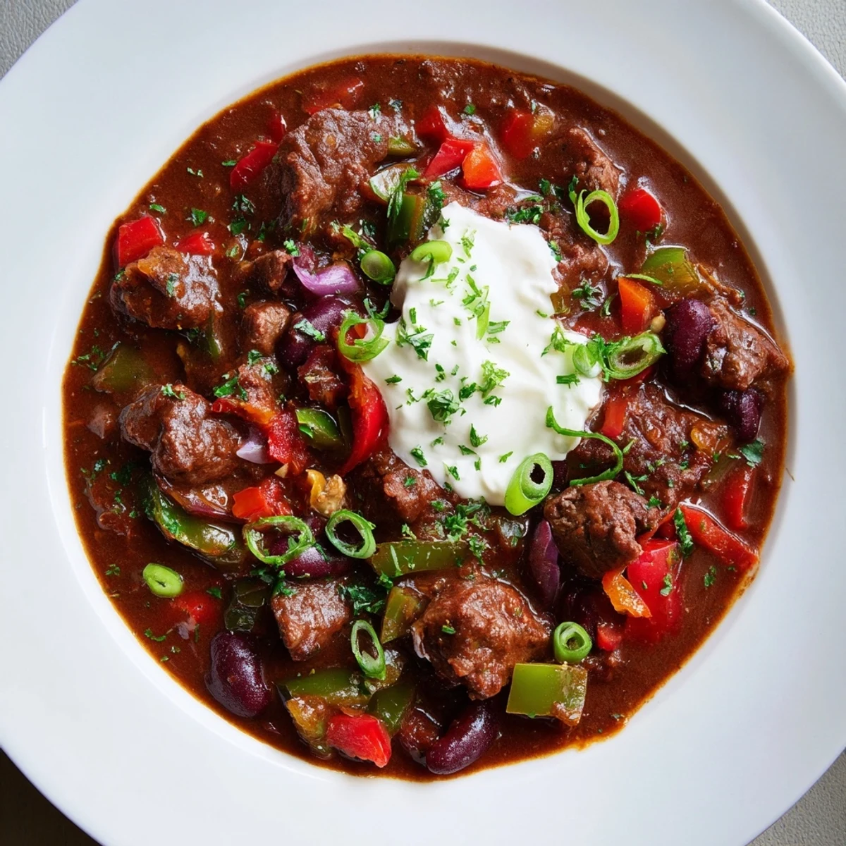 A steaming bowl of Winter Warming Chili con Carne, with rich brown beef and colorful peppers.