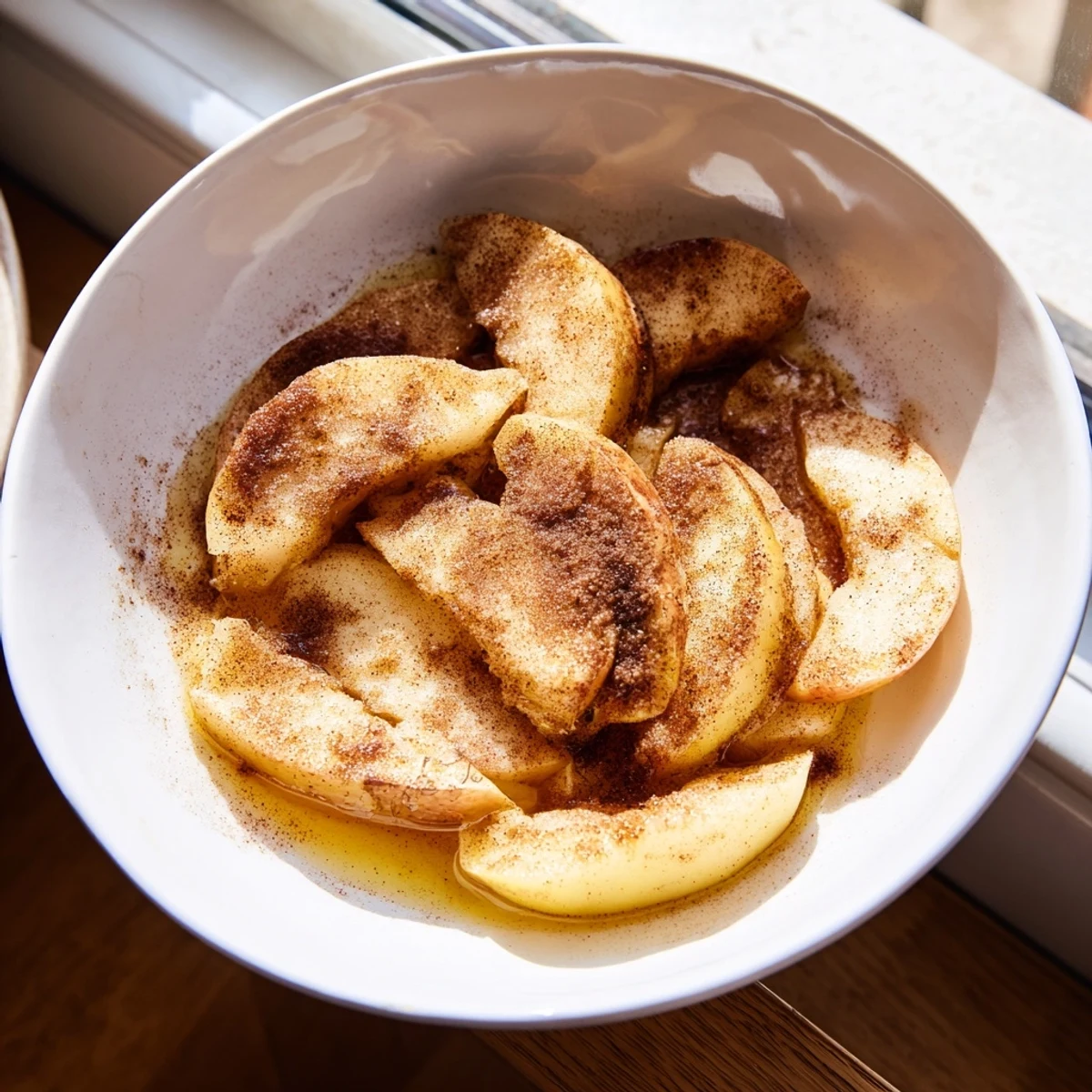 Golden baked apple slices glistening with brown sugar and cinnamon, a classic American dessert.