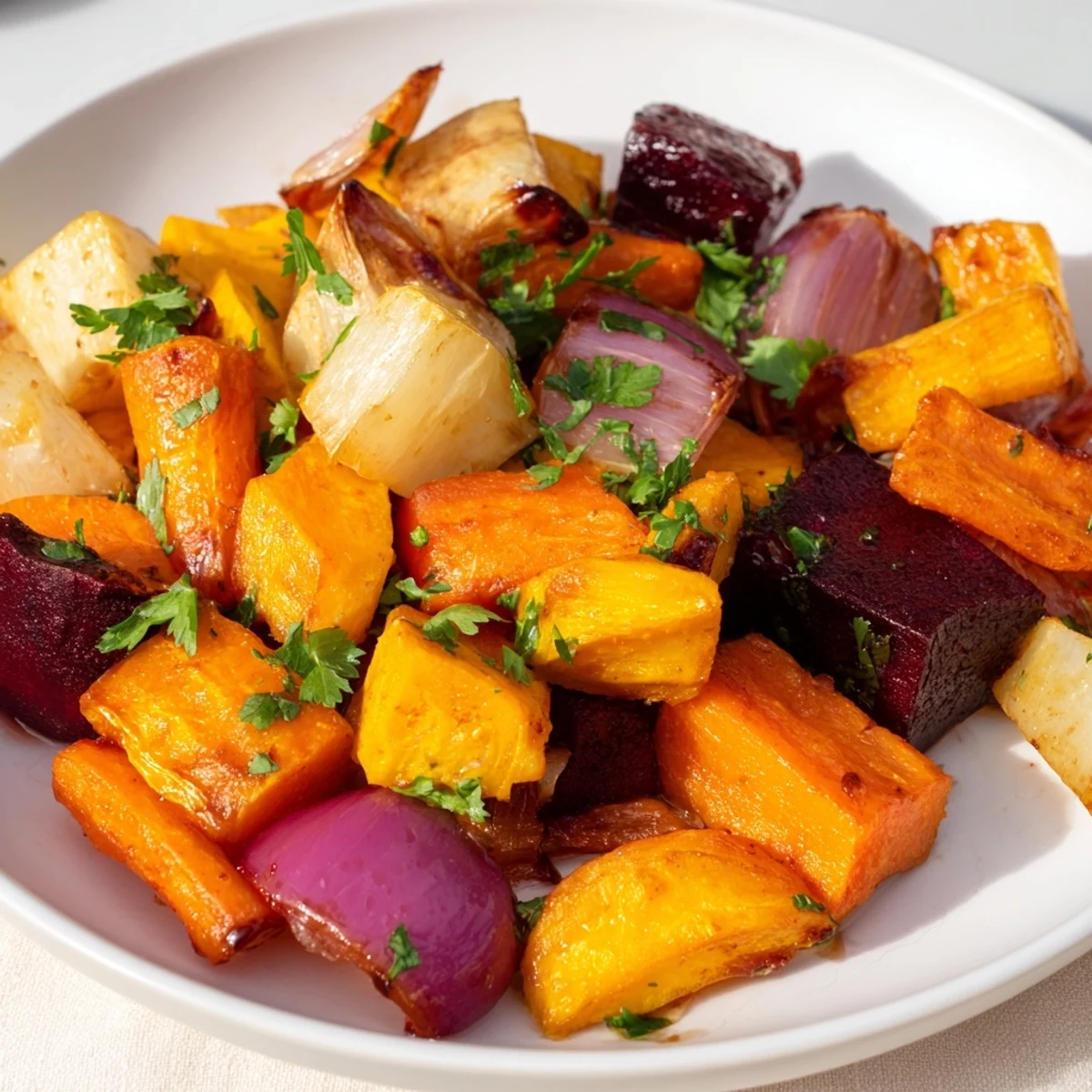 Golden-hued roasted root vegetable medley with a shiny, sweet-tart balsamic glaze drizzled over the top.