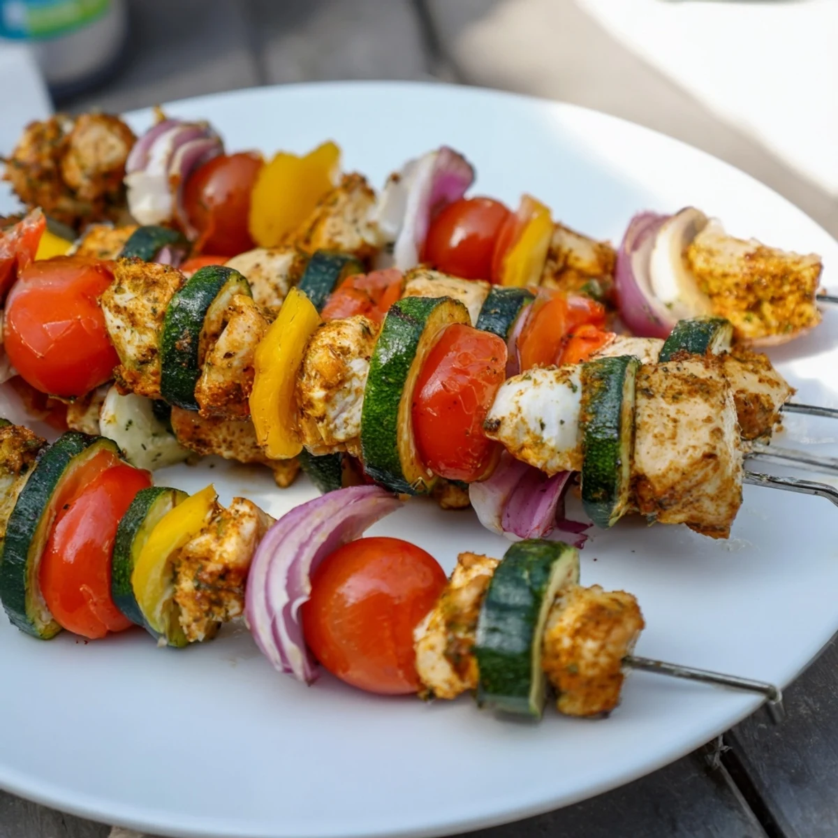 Grilled Chicken and Veggie Skewers with vibrant char marks, perfect for a summer BBQ dinner.
