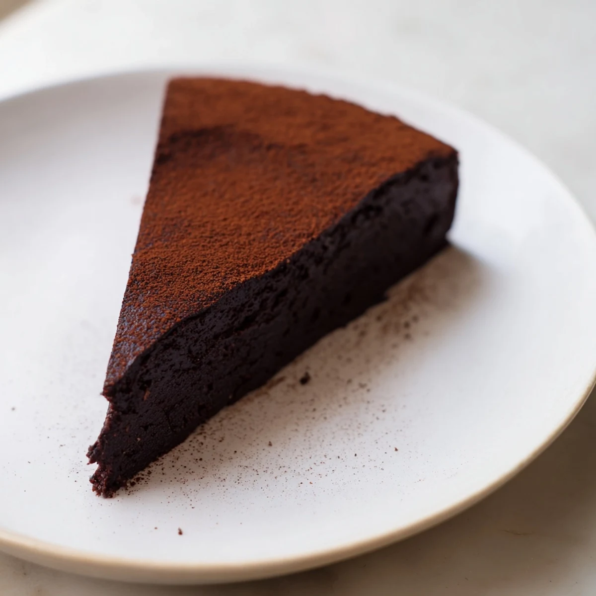 A slice of decadent flourless chocolate cake with a dusting of cocoa and fresh berries.