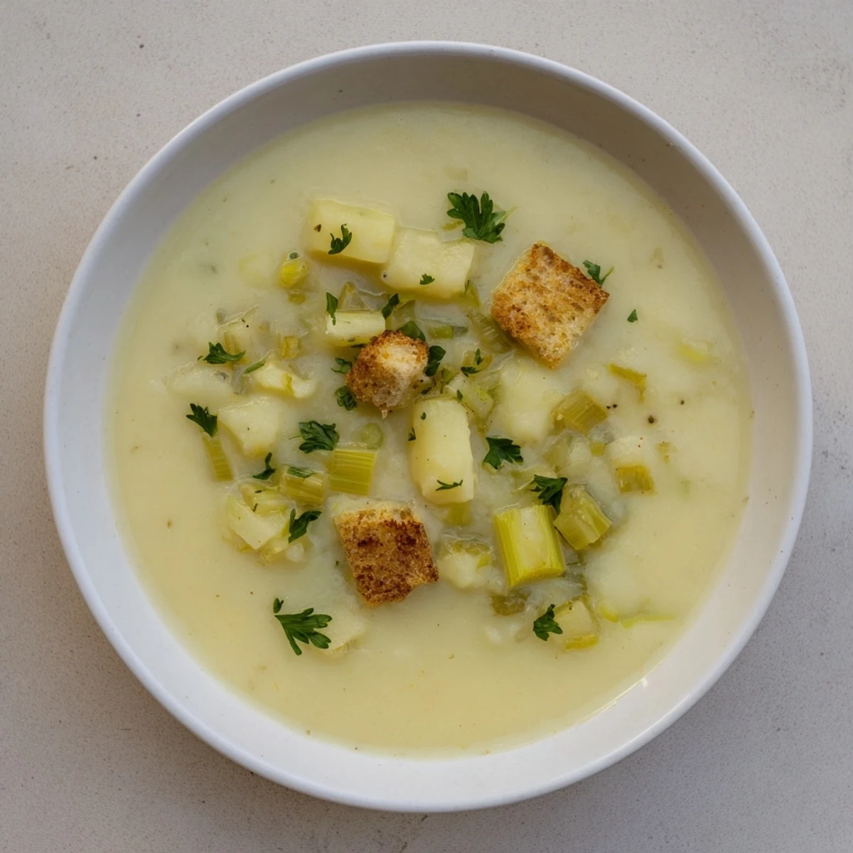 Homemade Quick & Simple Potato and Leek Soup served with crusty bread, perfect for a cozy, light lunch.
