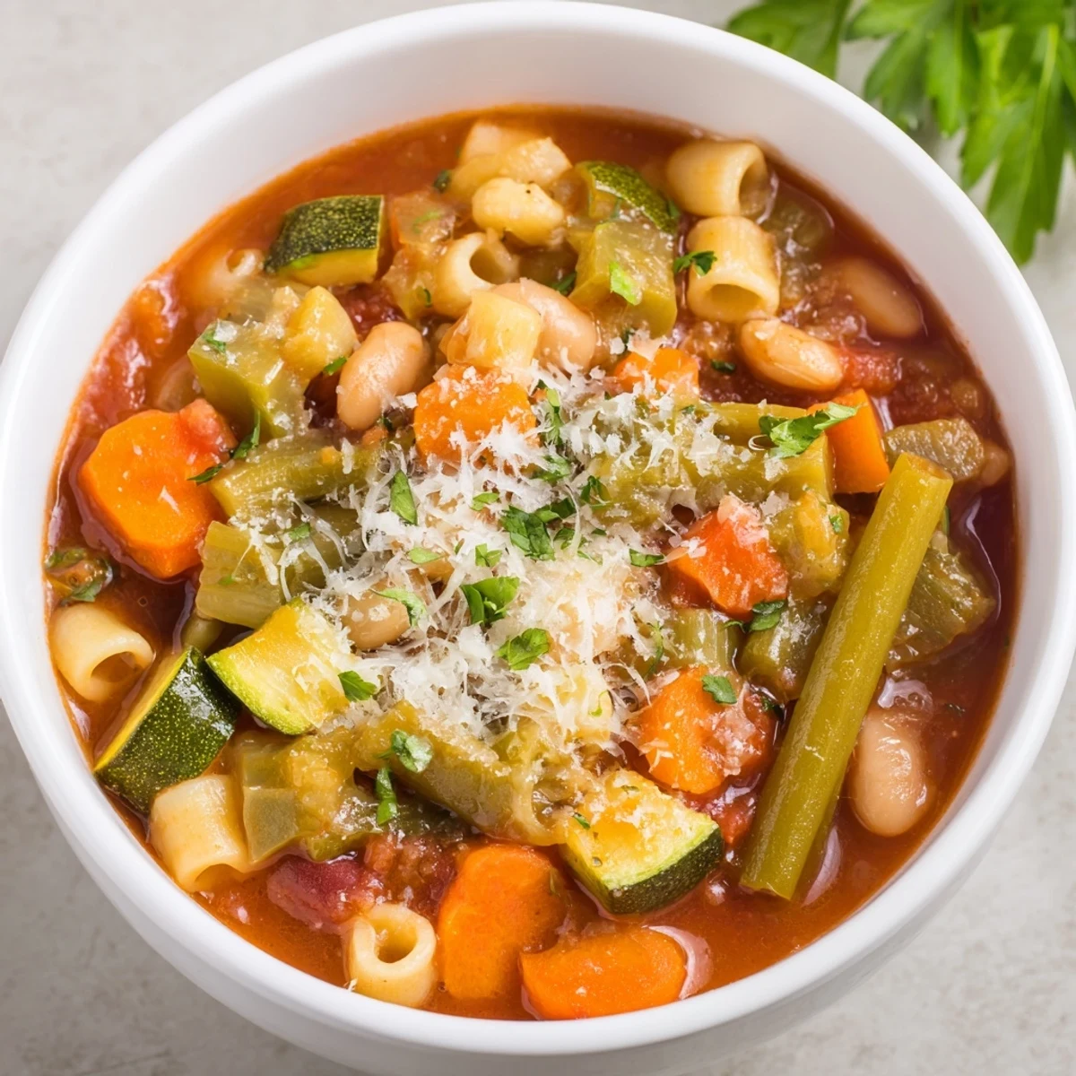 Steaming bowl of delicious one-pot minestrone soup, filled with colorful vegetables and pasta.