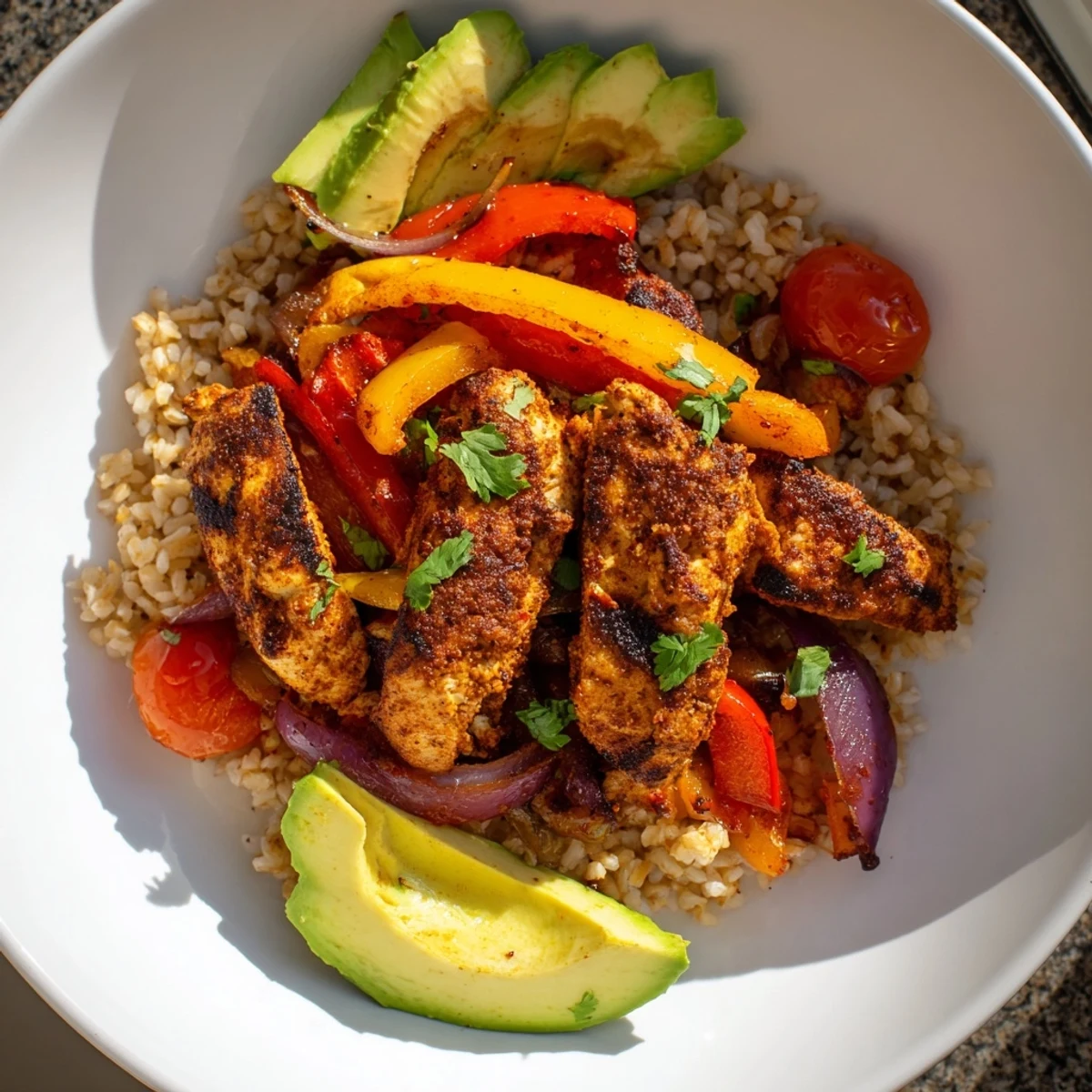 These healthy Make-Ahead Chicken Fajita Meal Prep Bowls display a vibrant mix of ingredients, ideal for quick lunches.