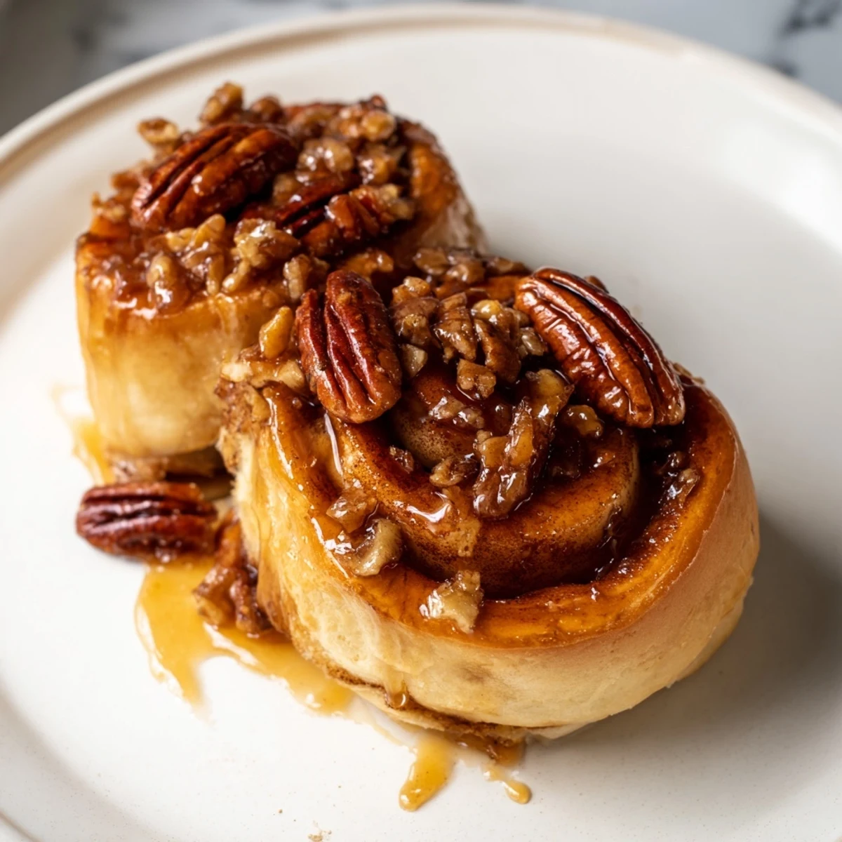 Warm, freshly baked Pecan and Honey Sticky Buns, glistening with a sticky, sweet honey caramel topping.
