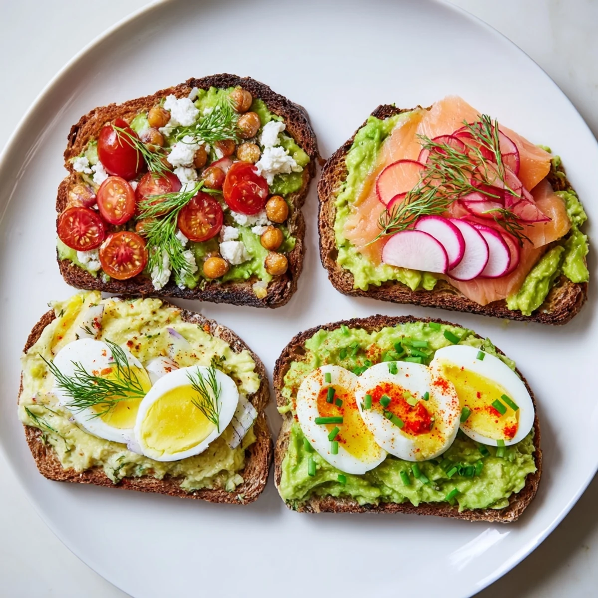Four colorful variations of avocado toast, each topped uniquely for a delicious lunch.