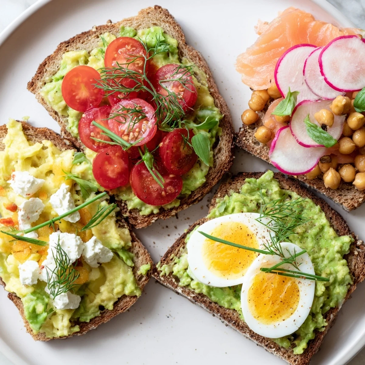 Beautifully arranged avocado toast: classic tomato, smoked salmon, spicy chickpeas, and egg topping.