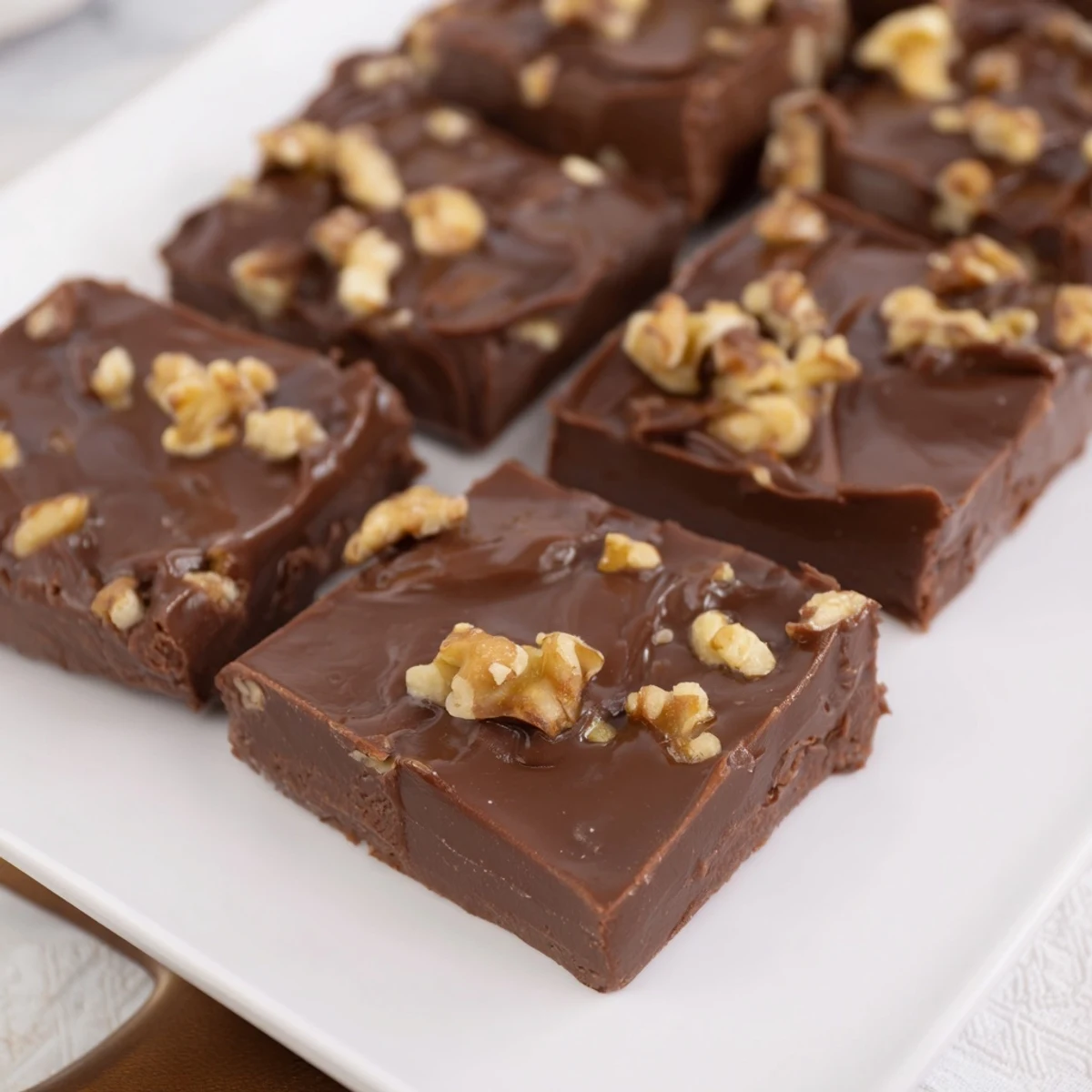 A close-up of decadent easy chocolate fudge, ready to be cut into squares and enjoyed.