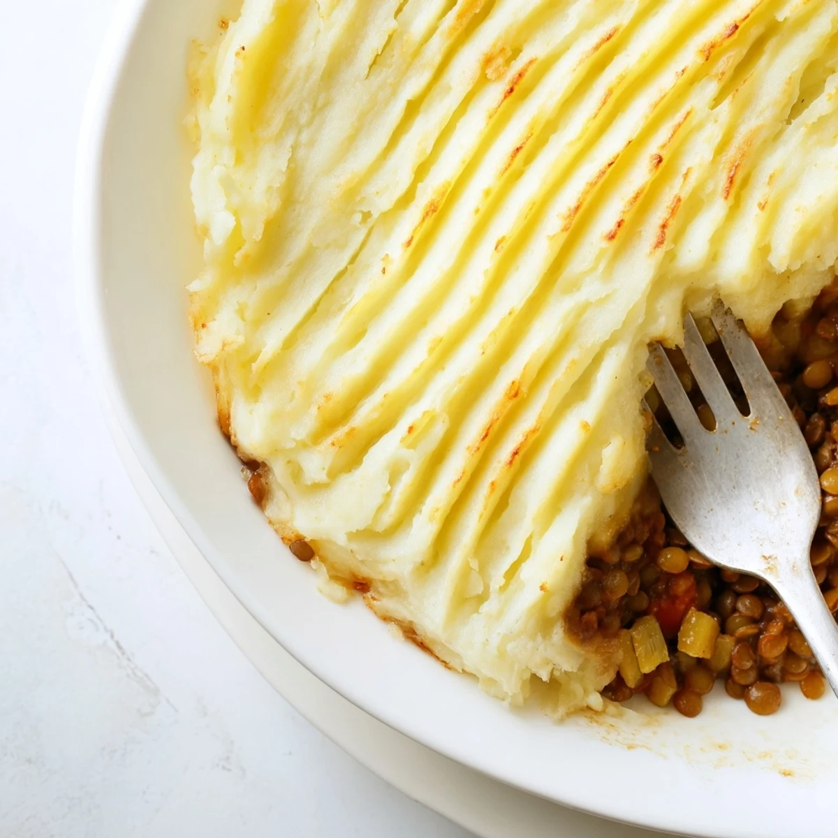 Golden-topped Hearty Lentil Shepherd's Pie with peas visible, ready for serving and a satisfying meal.