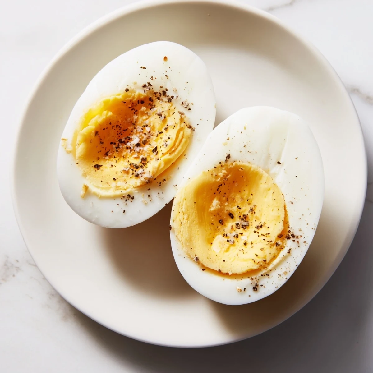 Perfect hard-boiled eggs with bright yellow yolks, ready to be sliced for a fresh salad.