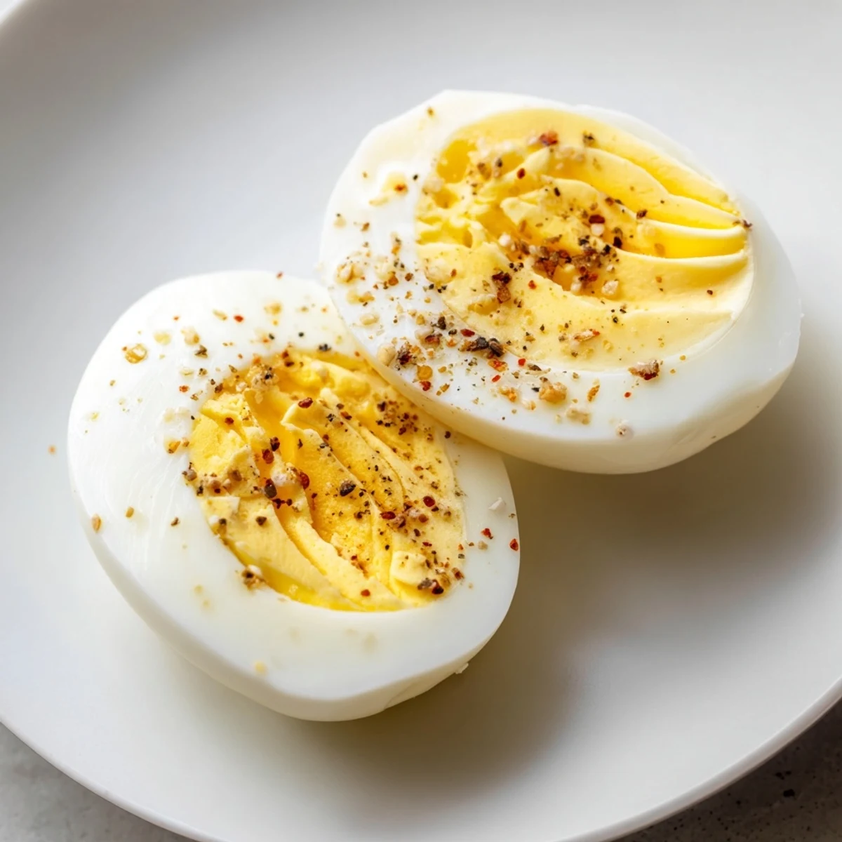 Freshly peeled perfect hard-boiled eggs, showing off firm whites and a delicious, cooked center.