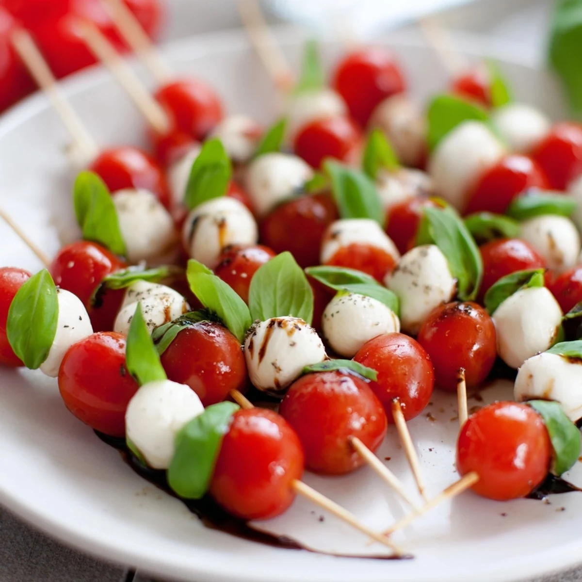 Fresh Caprese Salad Skewers: colorful bites with juicy tomatoes, creamy mozzarella, and basil drizzled in balsamic.