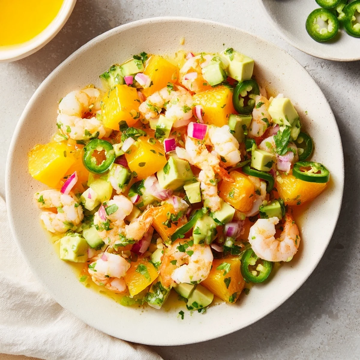 A close-up of light and fresh shrimp ceviche, with diced avocado and fresh cilantro visible.