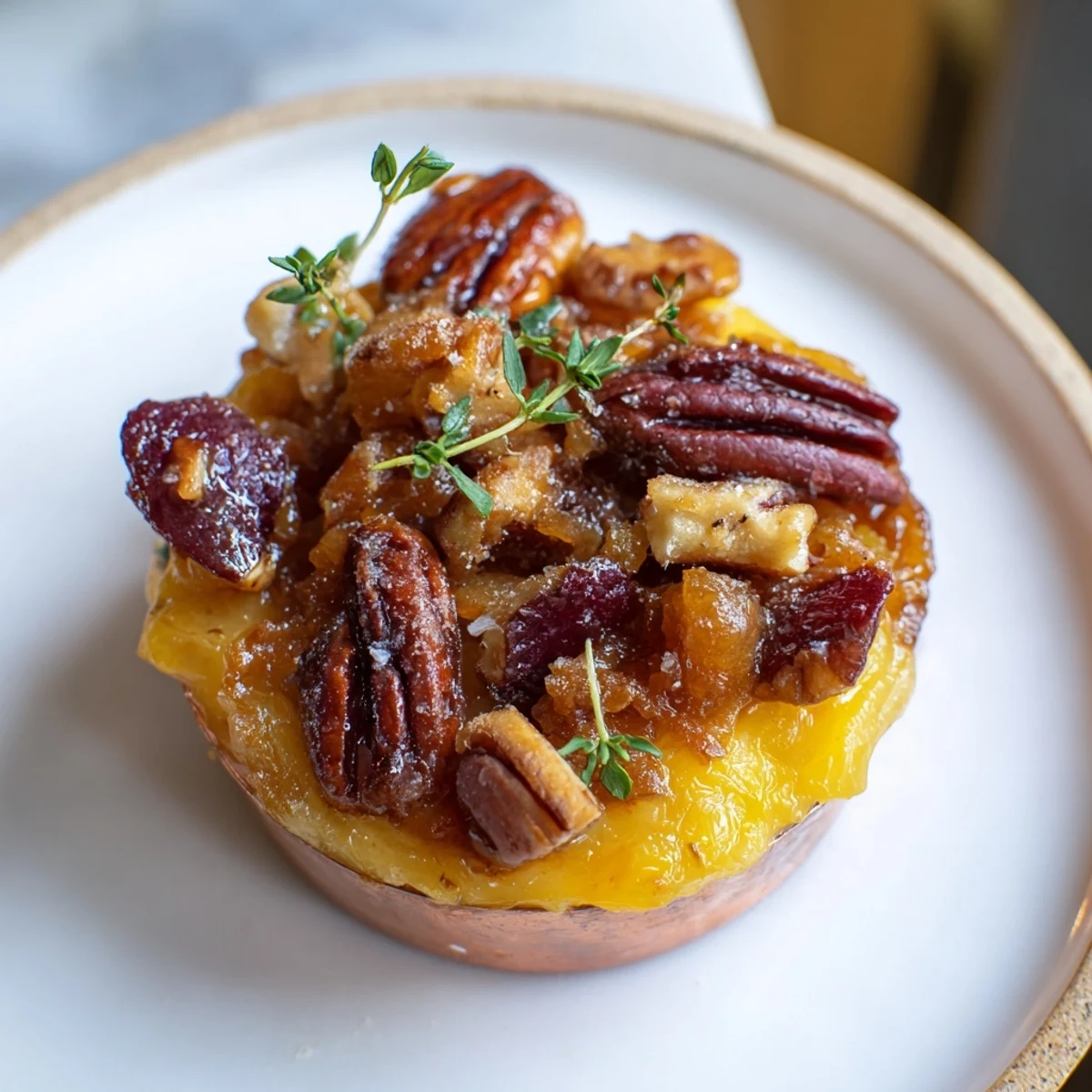 The Copper Kettle appetizer: warm caramelized onions topped with pecans, dates, and fresh thyme, ready to serve.