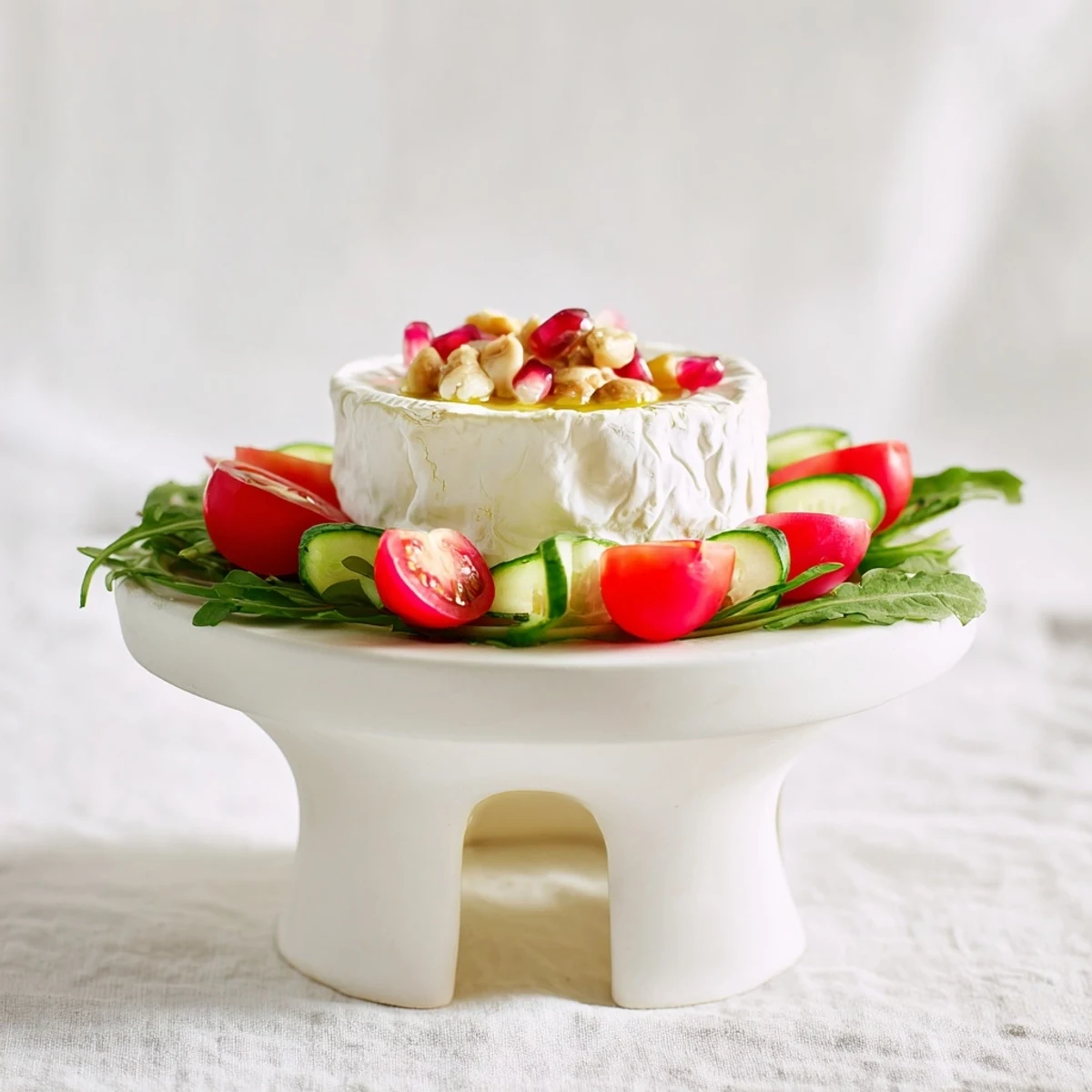 A vibrant Zenith Point salad showcases a soft cheese wheel surrounded by fresh, colorful produce.