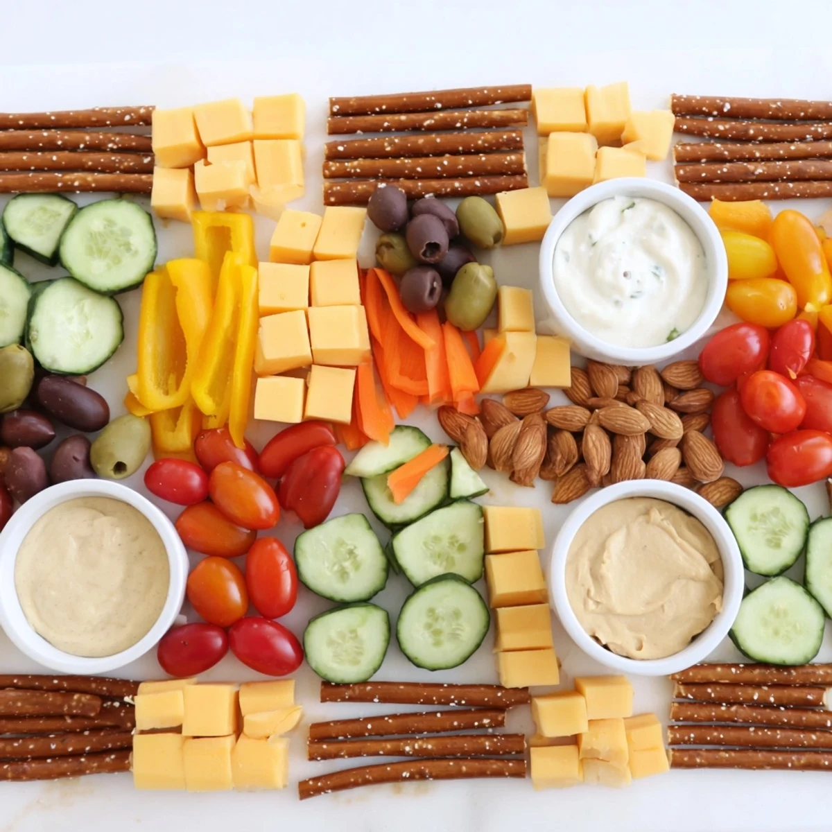 A visually appealing The Urban Grid appetizer platter with colorful cheese, meat, and veggie blocks.