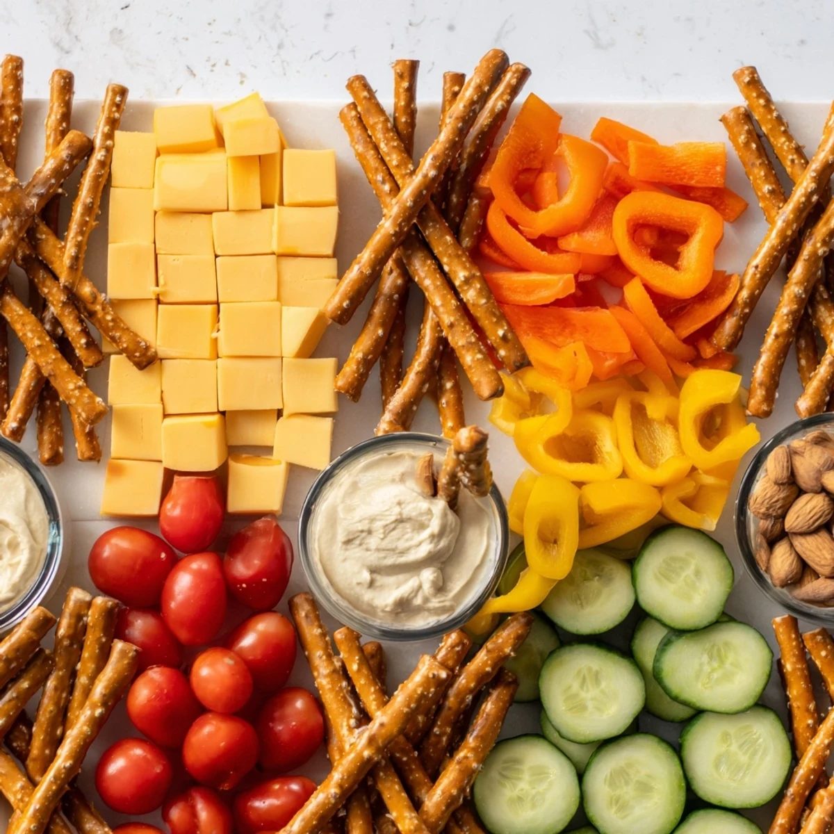 Pretzel rod streets create a fun grid on this The Urban Grid snack platter, ready to serve guests.