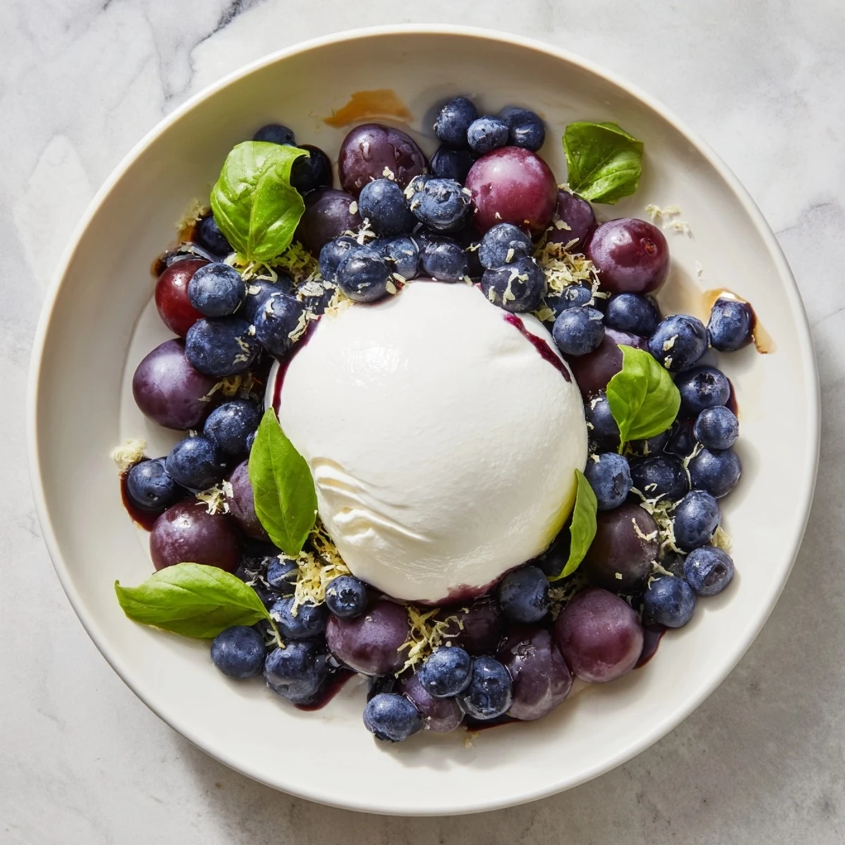 Moonlit Lagoon salad: Fresh blueberries and grapes surround creamy burrata in a stunning summer appetizer.