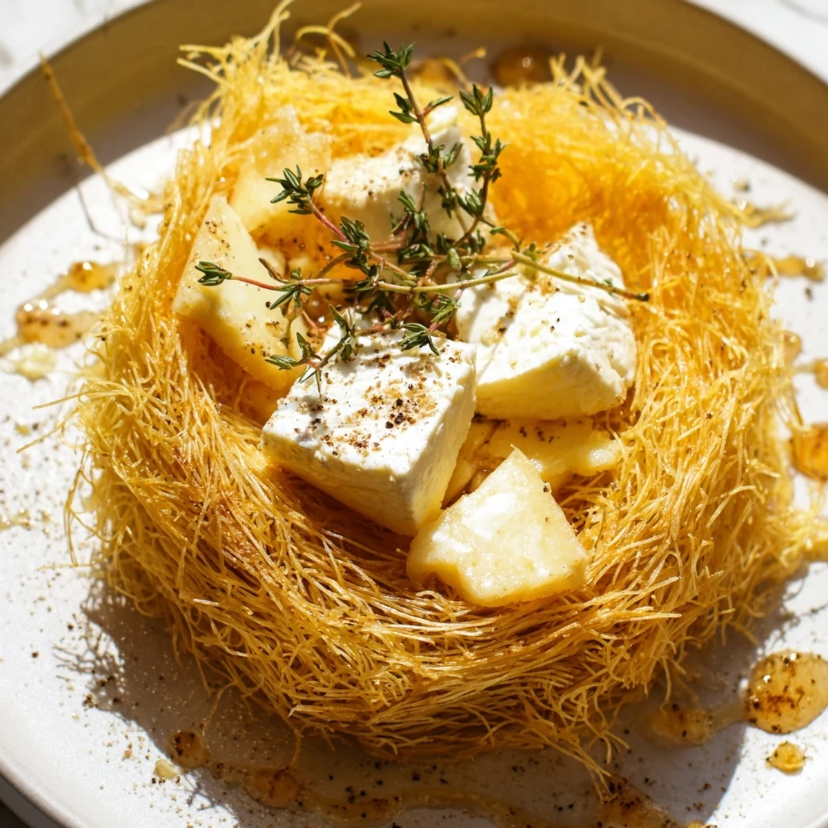 Golden-brown phyllo hay nests holding rustic farmhouse cheeses, the Barnyard appetizer is ready.