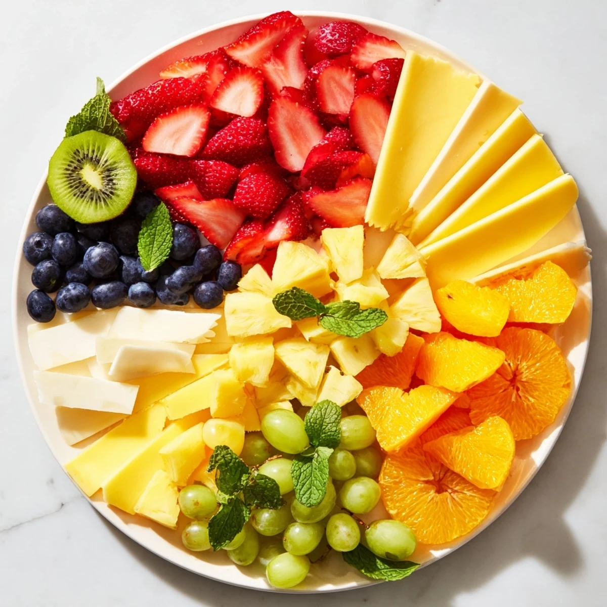 This vibrant Kaleidoscope Circle showcases assorted cheeses & refreshing fruit arranged in a beautiful pattern.