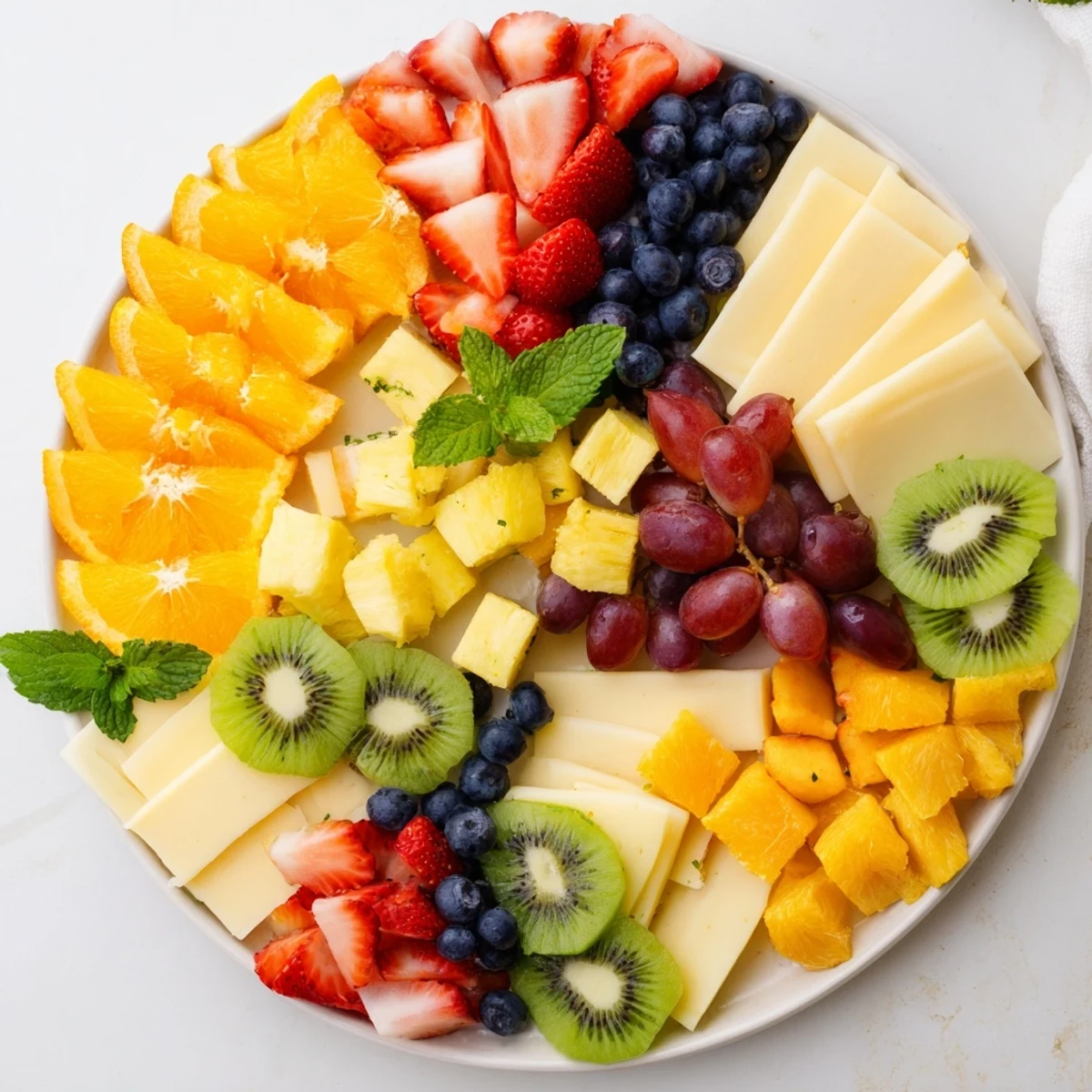 Kaleidoscope Circle platter with vibrant fruits & cheeses; a show-stopping appetizer, visually stunning.