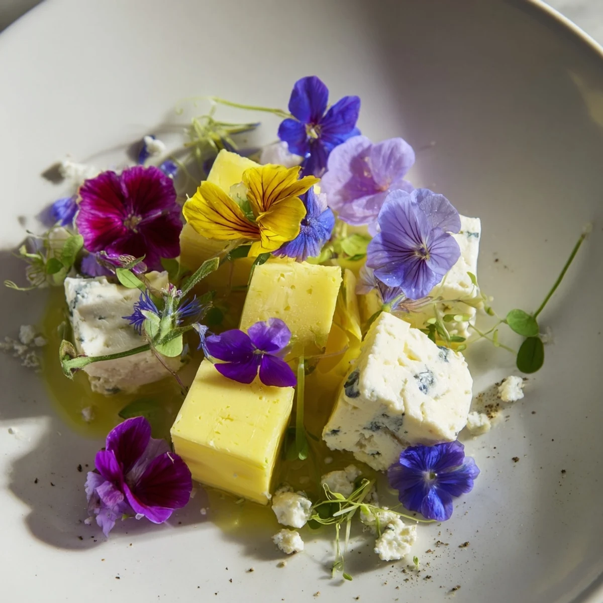 A visually stunning Secret Garden appetizer displays colorful flowers and cheese cubes beneath greens.