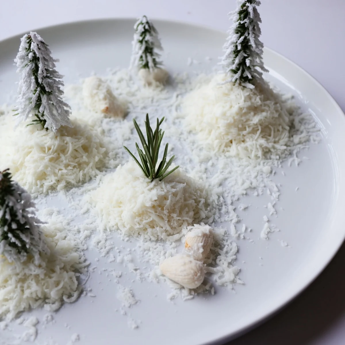 The artfully arranged Frosted Pine cheese board showcases fluffy white cheddar snowdrifts and sugared rosemary pines.
