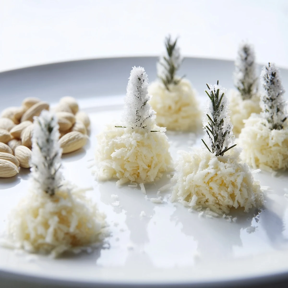 Vivid close-up shows a festive Frosted Pine appetizer, complete with snowy cheese and almond pinecones for serving.