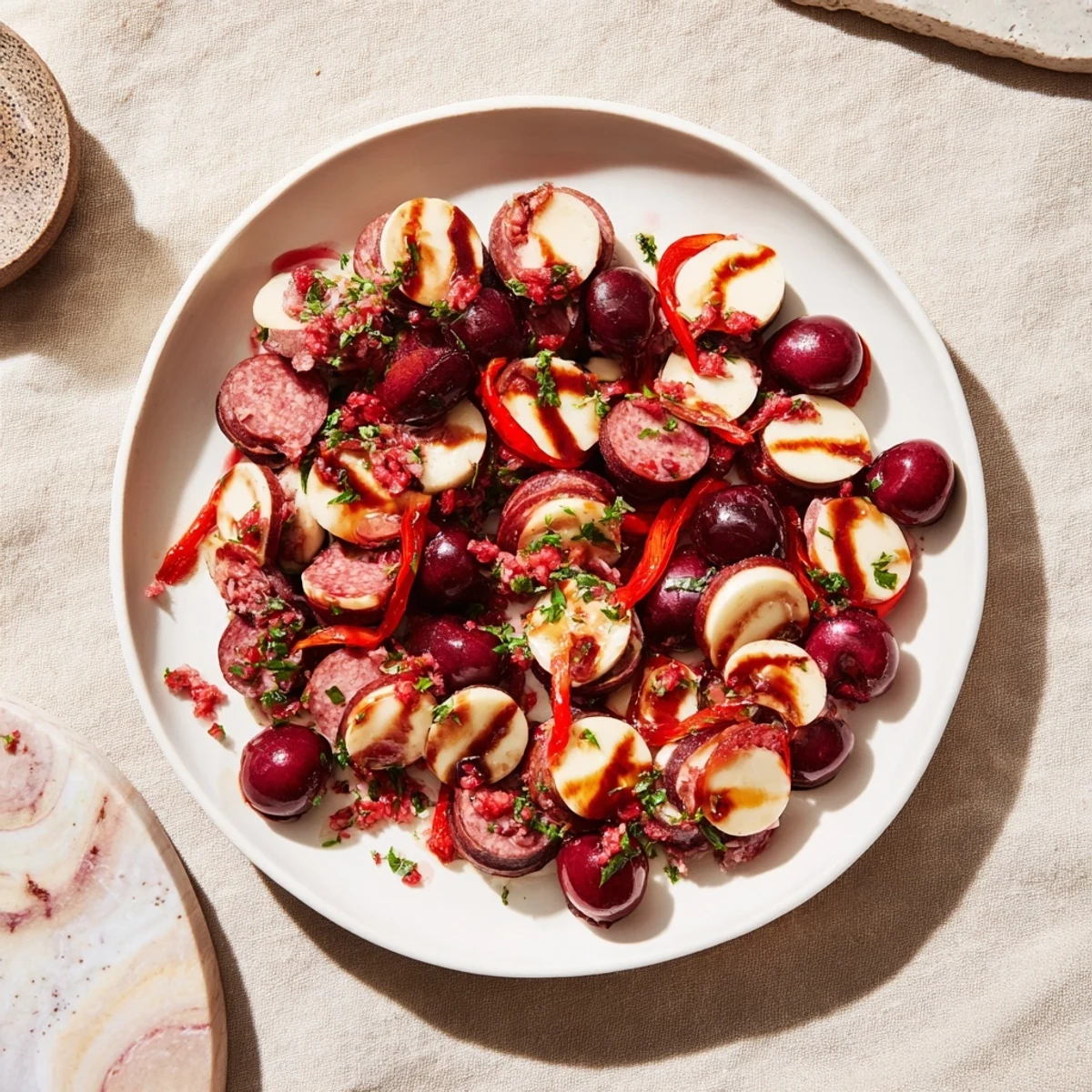 The Crimson Tide appetizer: vibrant red chorizo, cherries, and peppers on crisp white crackers.