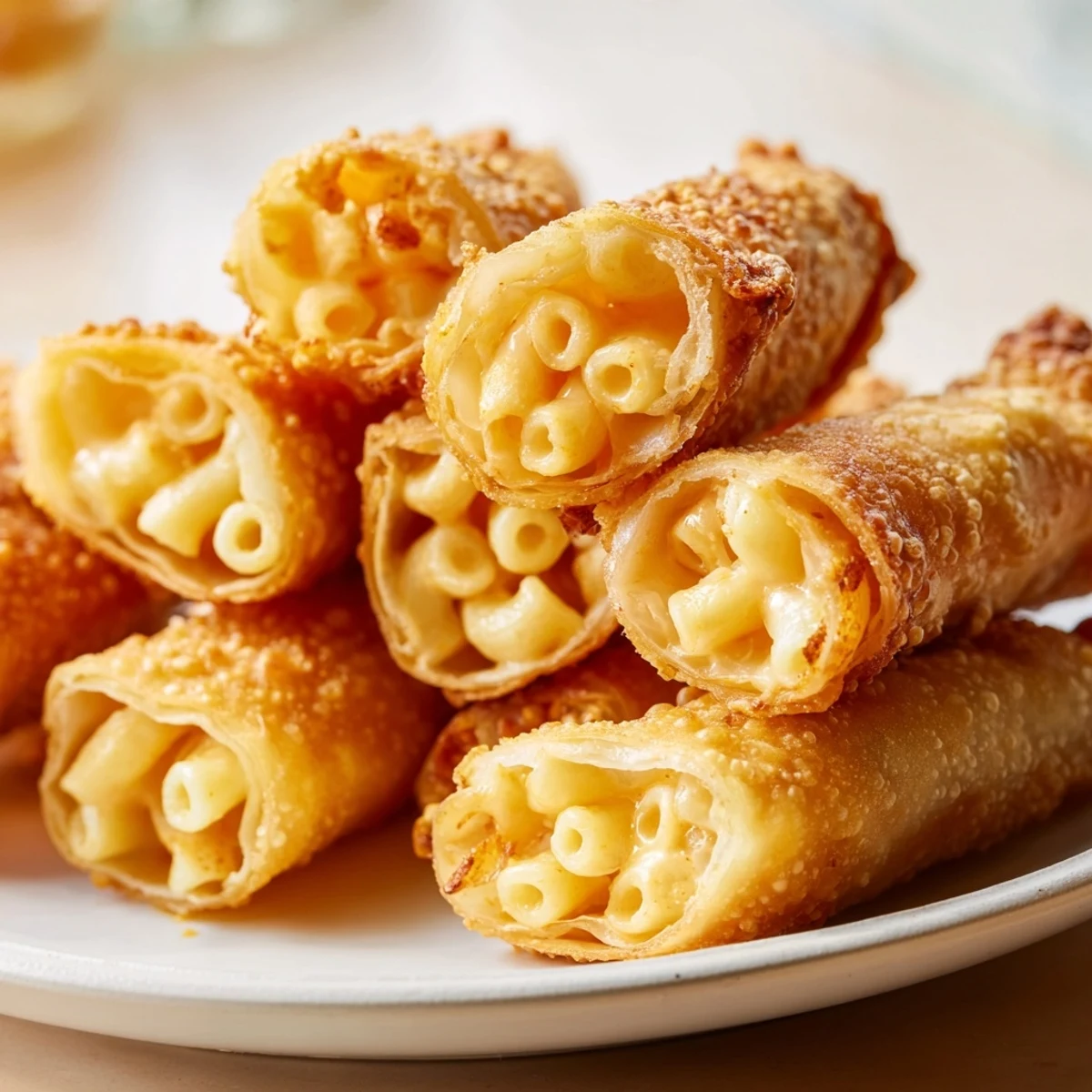 A close-up reveals crispy air-fried Tinis Mac and Cheese Lumpia Rolls, perfect for a flavorful appetizer.