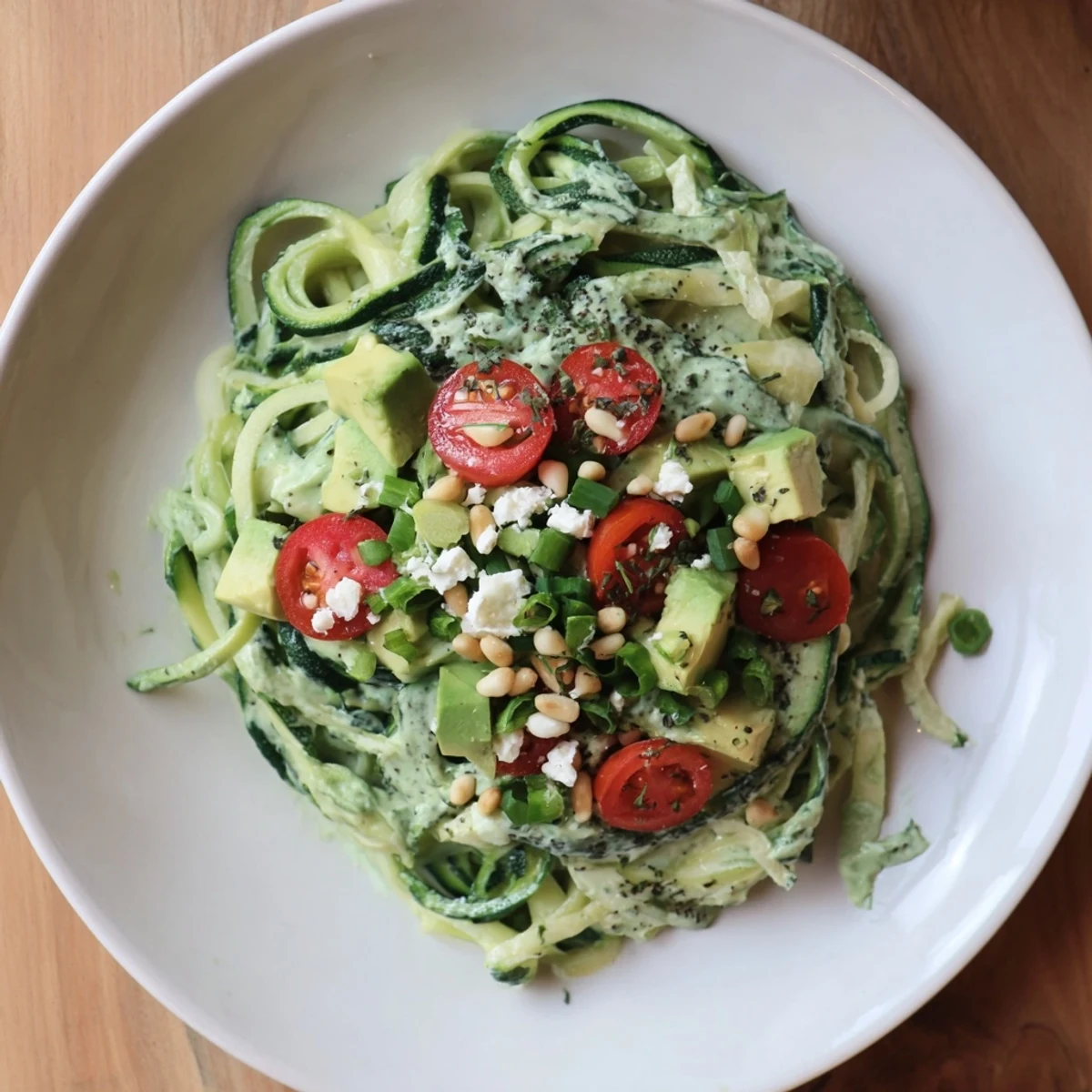 Creamy and vibrant Green Goddess Zoodle Pasta, bursting with fresh herbs, ready to enjoy.