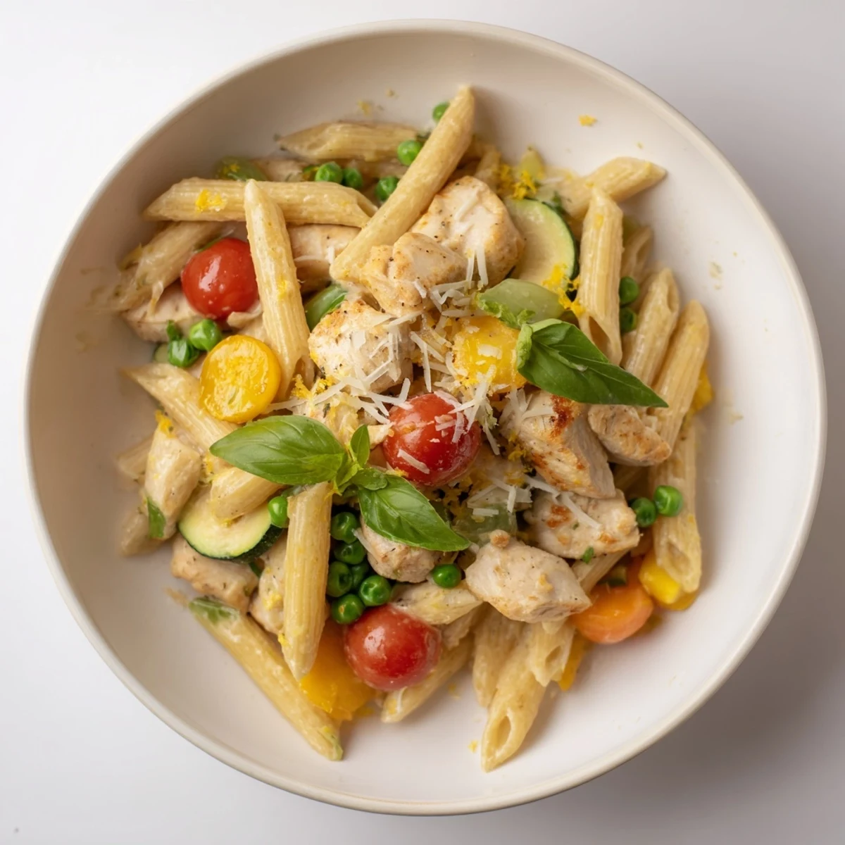 Rustic, heartwarming photo of Last Bite Chicken Pasta, ready to serve with fresh basil and lemon.