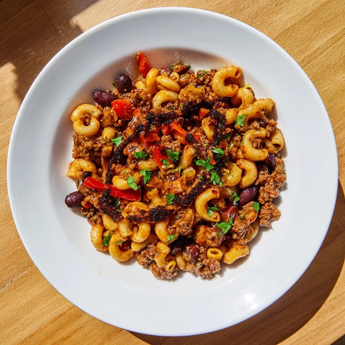 Steaming hot bowl of one-pot ditalini chili, featuring dark chocolate and tender pasta.