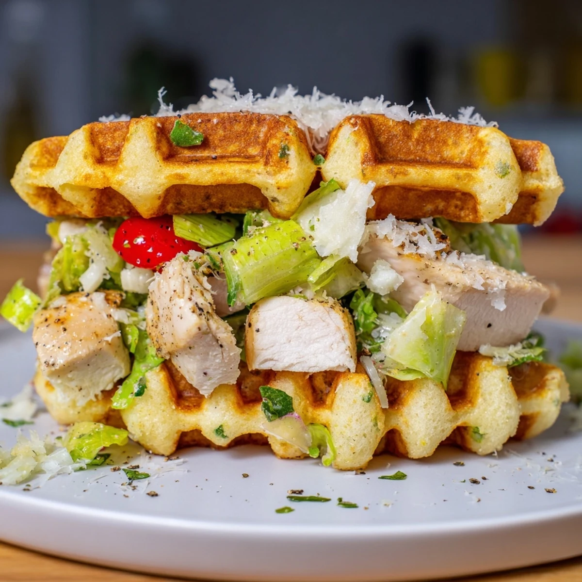 Golden-brown Chicken Caesar Waffle Sandwich, a unique handheld meal with juicy chicken and savory waffles.