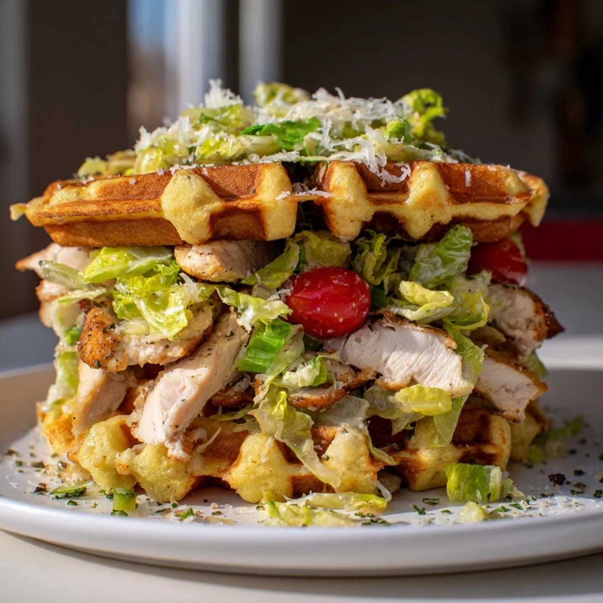 Imagine biting into a warm Chicken Caesar Waffle Sandwich, filled with cool Caesar salad and grilled chicken.