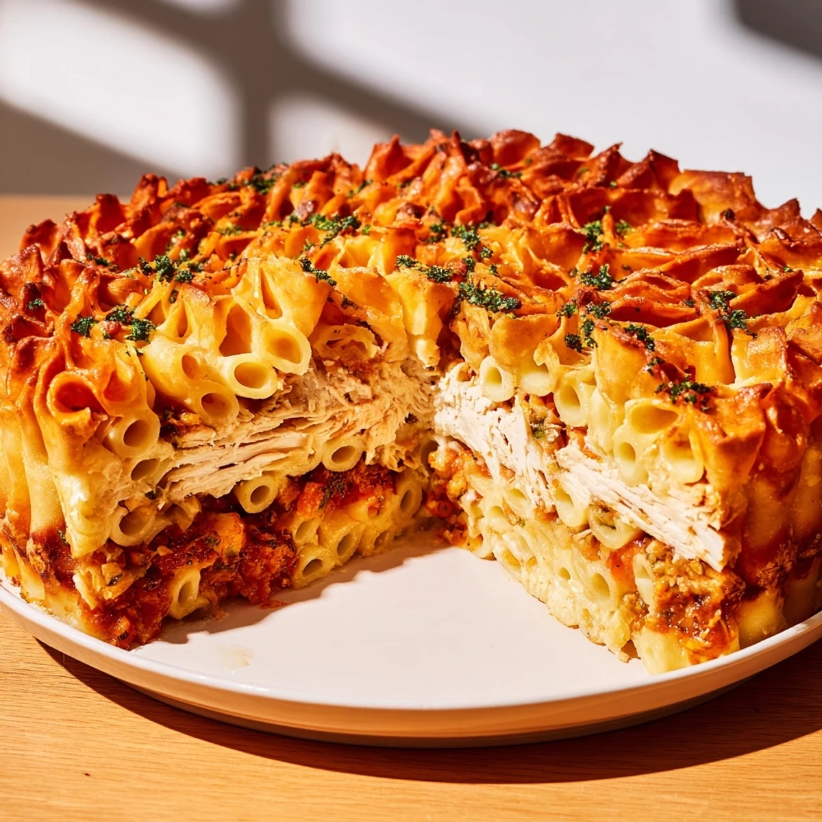 Golden-brown Chicken and Pasta Crinkle Cake, layered with crispy phyllo and creamy filling.
