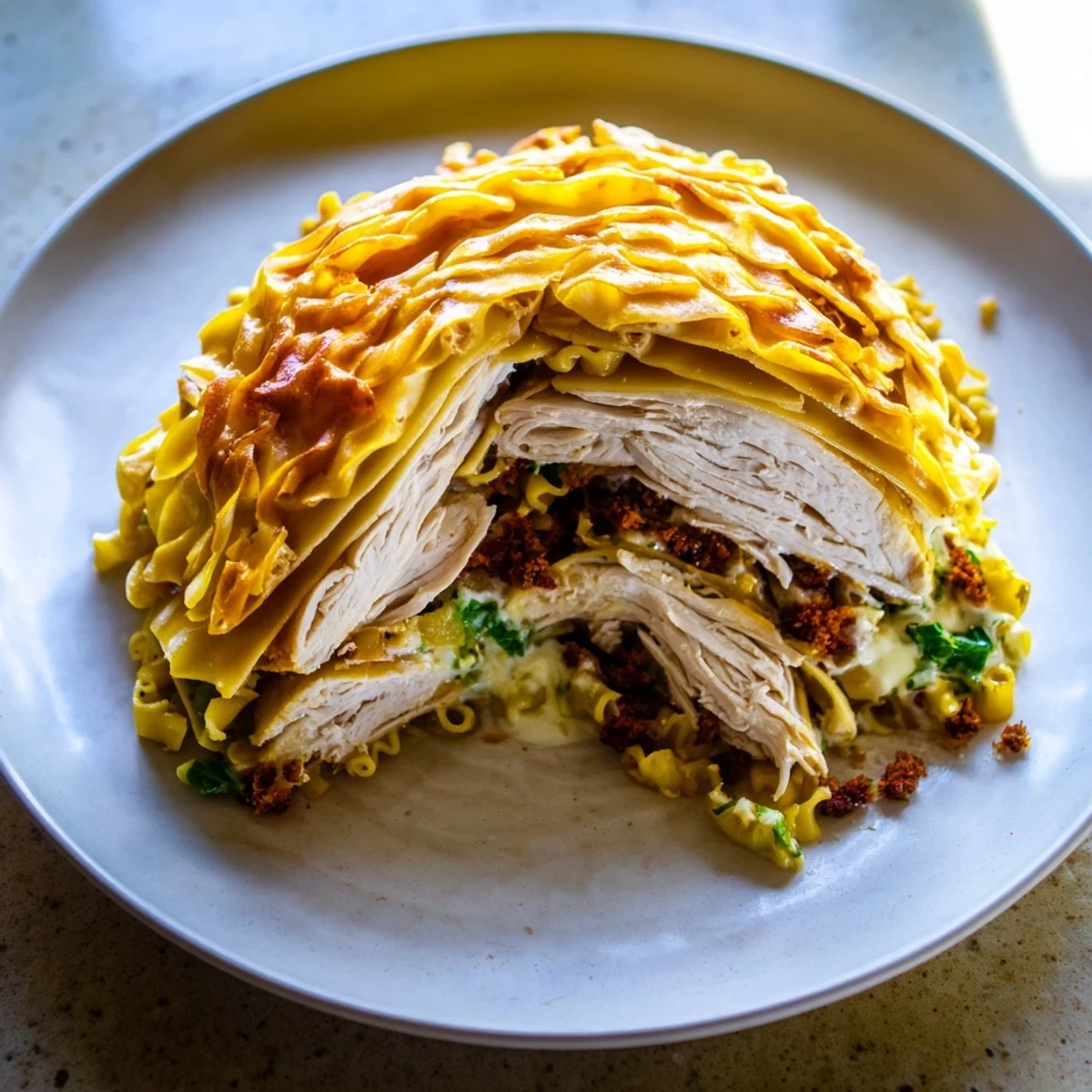 Enjoy a slice of homemade Chicken and Pasta Crinkle Cake, with tender chicken and pasta.