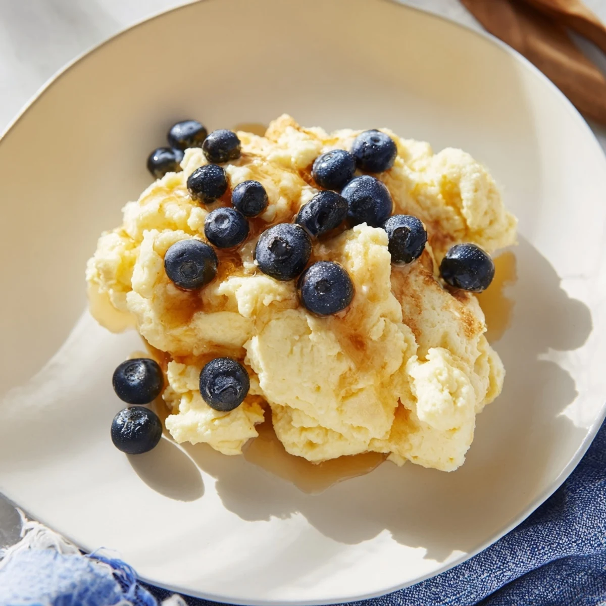 Golden brown fluffy scrambled pancakes, a delicious one-bowl breakfast ready to enjoy with syrup.