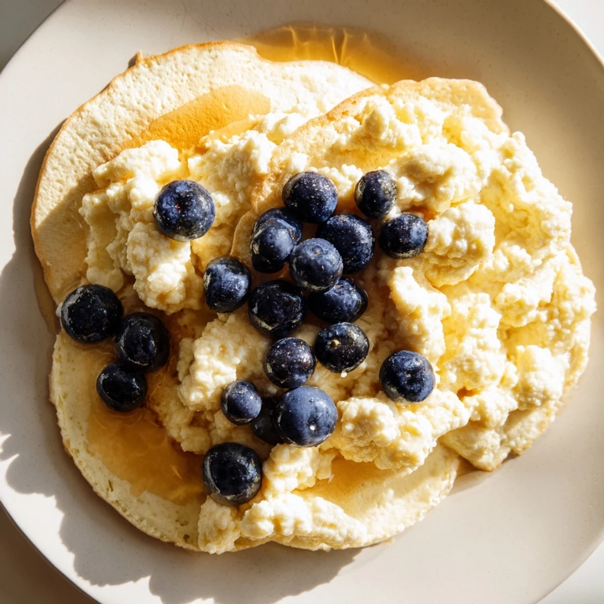 Rustic, light fluffy scrambled pancakes, served with berries and ready for a sweet, satisfying bite.