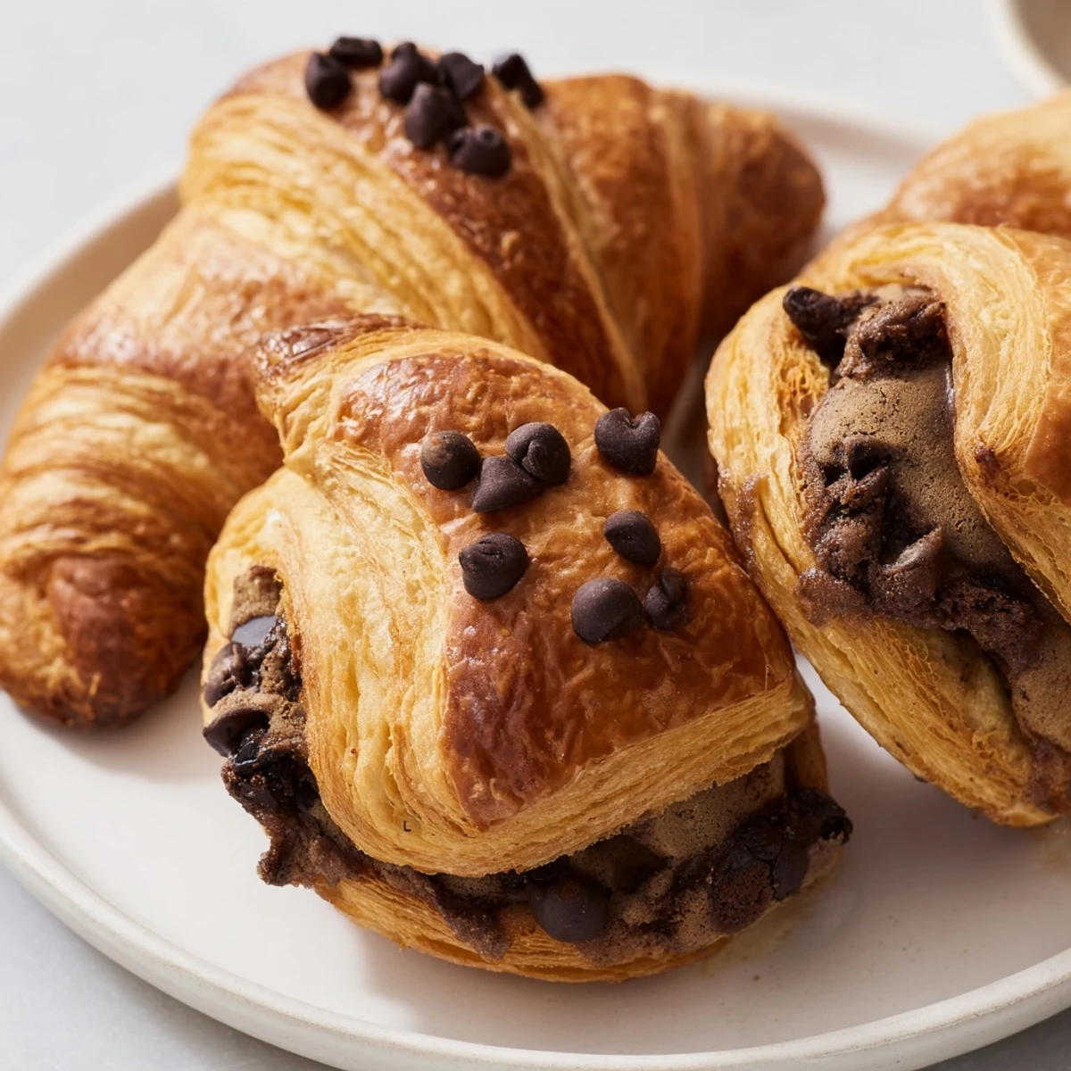 Golden-baked Chocolate Cookie Croissants, a delightful American-French pastry fusion with gooey cookie filling.