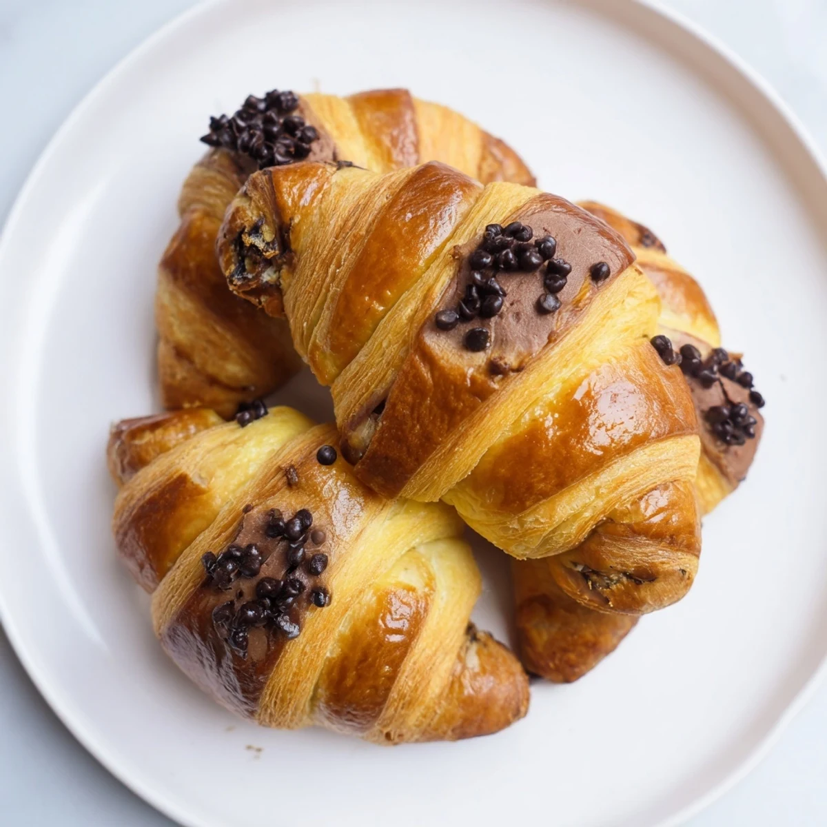 Warm, flaky Chocolate Cookie Croissants, smelling of sweet butter and melting chocolate chips, ready to eat.