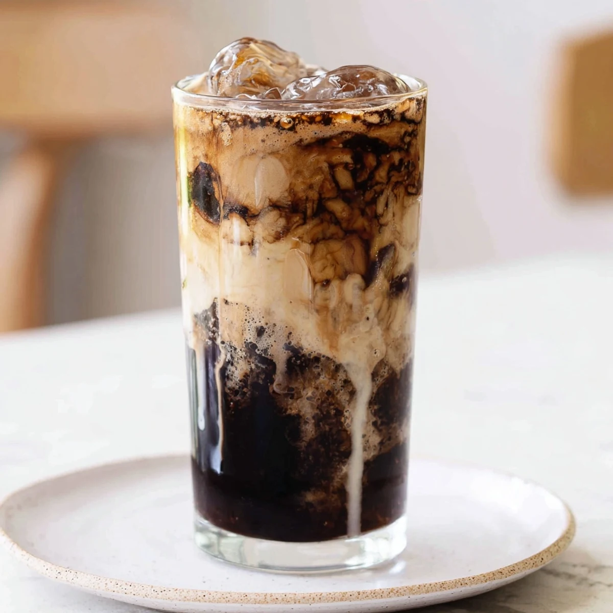 Rich, chocolate cracking iced latte: a cold, layered coffee drink with a chocolate topping ready to crack.