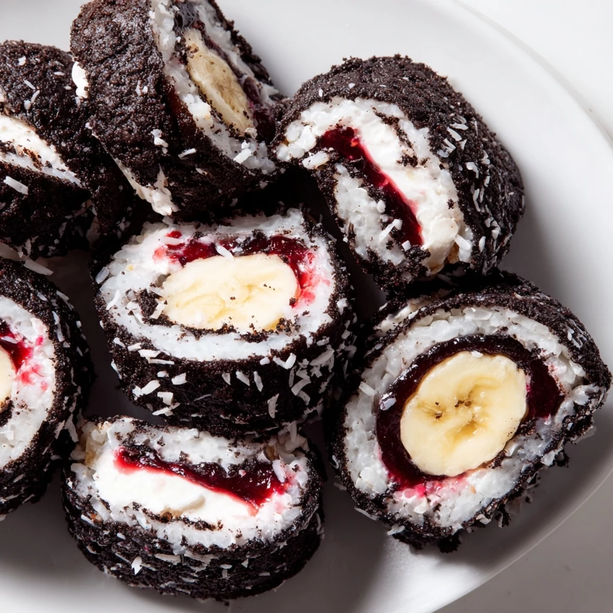 Vibrant photo of Oreo Cookie Sushi Rolls, ready to dip in rich chocolate "soy" sauce.