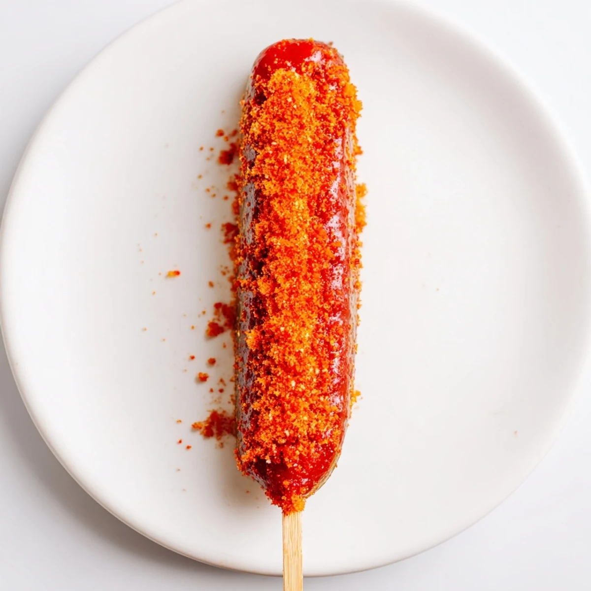 Vibrant chamoy-Tajín pickle sticks: tangy pickles glistening from chamoy, generously dusted in spice.