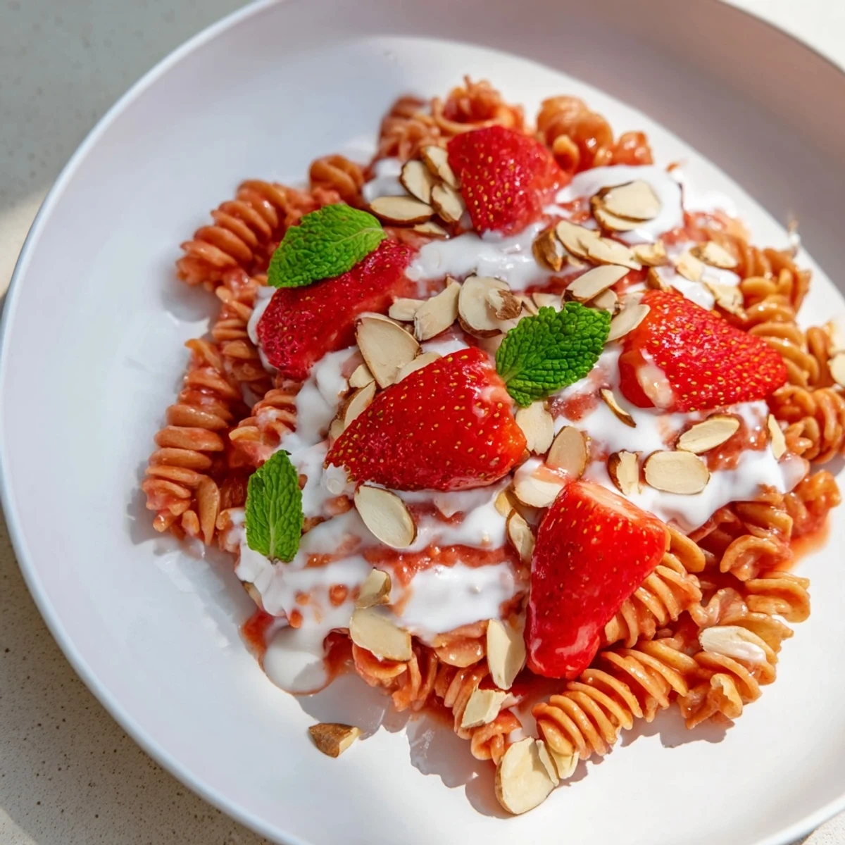 Sweet Strawberry Yogurt Pasta, a refreshing dish featuring bright red strawberries and creamy yogurt.